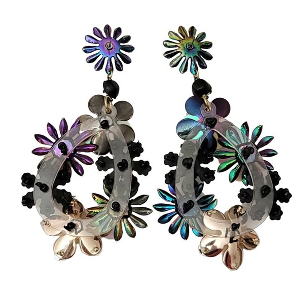 Floral, Plastics, Glass Bead, Sequin Artisan Post Drop Dangle Earrings - Picture 6 of 10